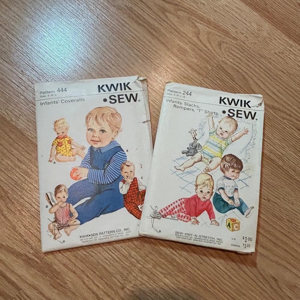 Lot of 2 Vintage Kwik Sew Patterns 444 Infants Coveralls & 244 Rompers Slacks